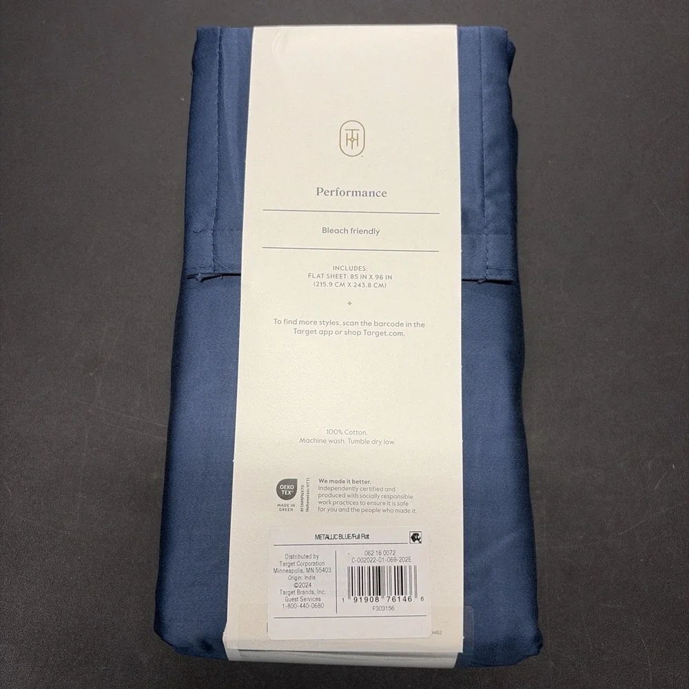 Full 400 Thread Count Performance Flat Sheet Metallic Blue Threshold Cotton 0648